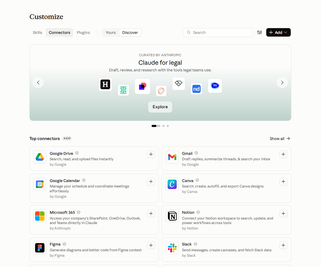 Claude Connectors tab showing integrations including Google Drive, Gmail, Canva, Microsoft 365, Notion, Figma, and Slack