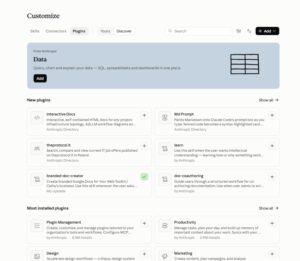 Claude Plugins tab showing new and most installed plugins including Plugin Management, Productivity, Design, and Marketing