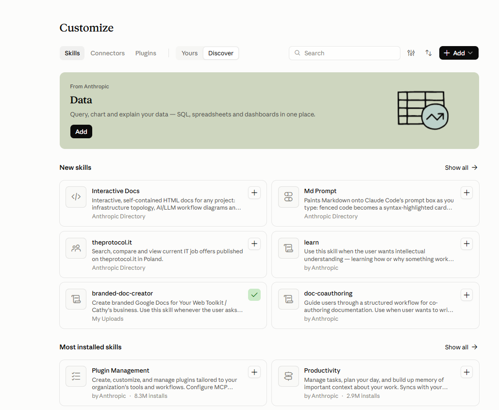 Claude Skills tab showing available skills including Interactive Docs, branded-doc-creator, and more